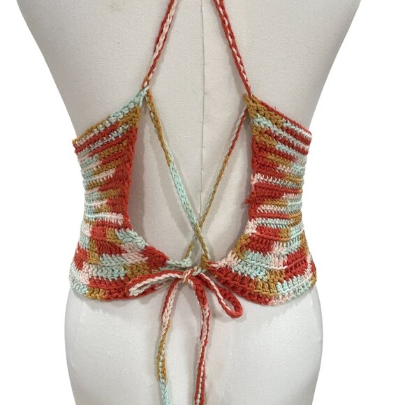 Crochet Halter Top Y2K Festival Boho Striped Knit Backless Summer Top Handmade - Picture 8 of 8